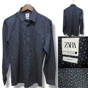 317 ZARA | NWOT Men’s Navy Blue Micro Floral Slim Fit Long Sleeve Shirt (Size M)